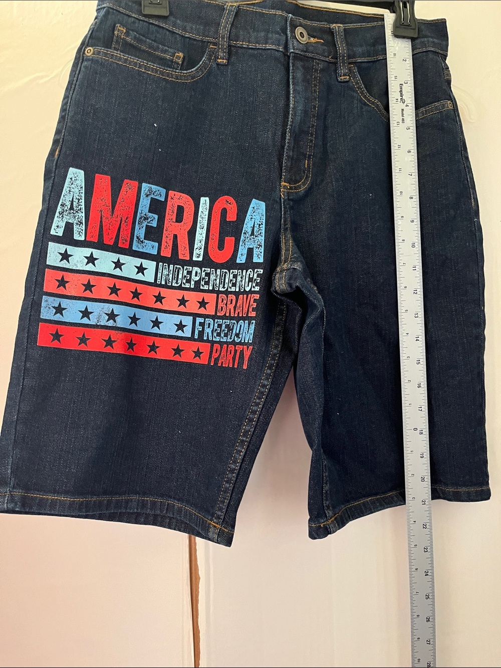 Graphic Image Dark Blue Denim Shorts with Red & Light Blue America Graphic